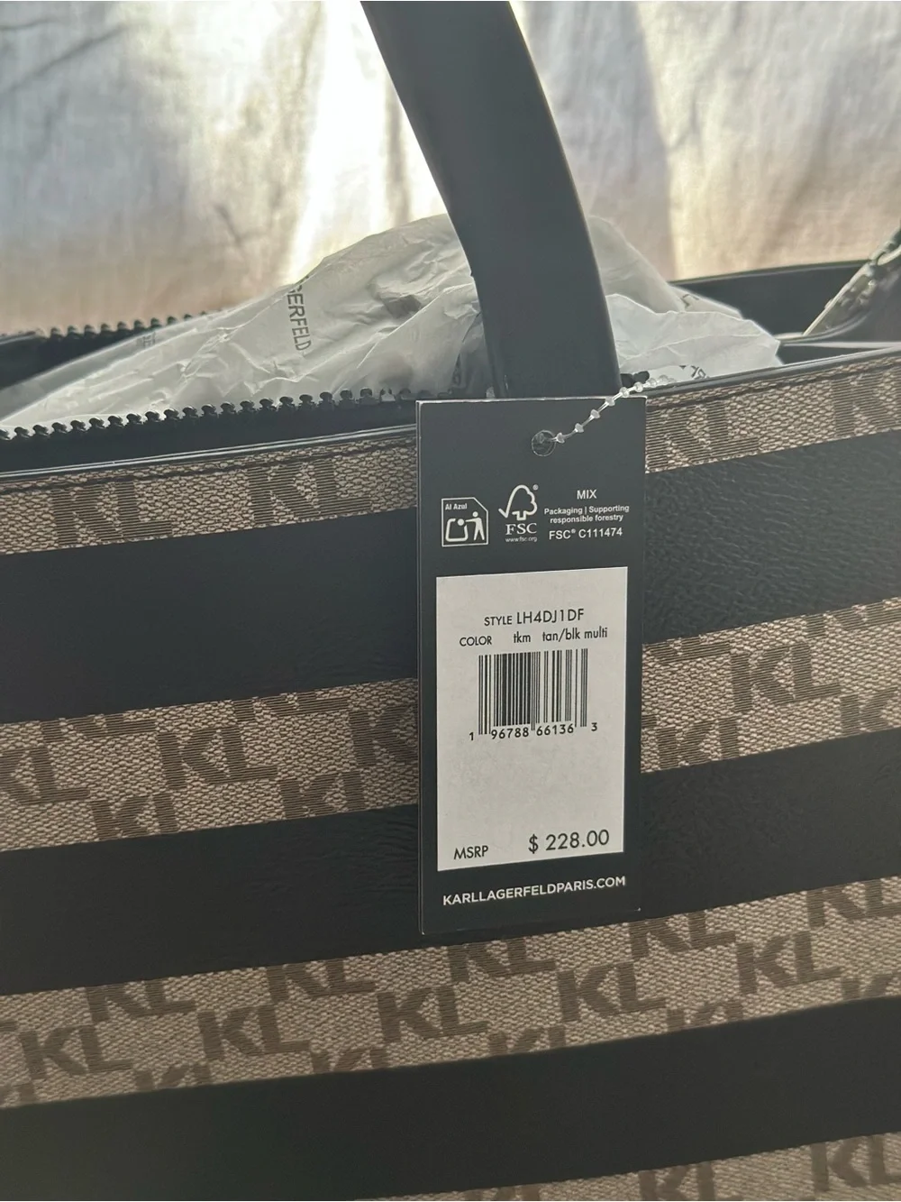 Karl Lagerfeld Black & Beige KL Logo Stripe Satchel with Character Patch